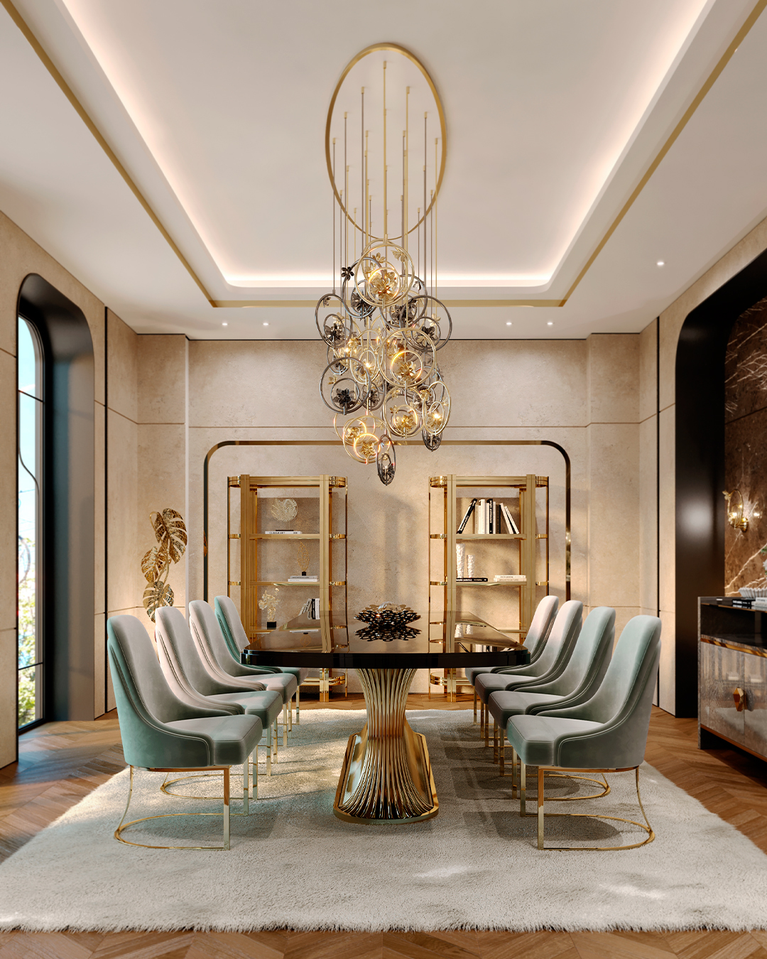 Romantic Spring-inspired Dining Room featuring Botticelli Suspension in Floral motif, Rainforest Floor Lamp, Flusso Dining Table, Pattern Basket, Ruby Sideboard, and Marie Bookshelf by Castro Lighting