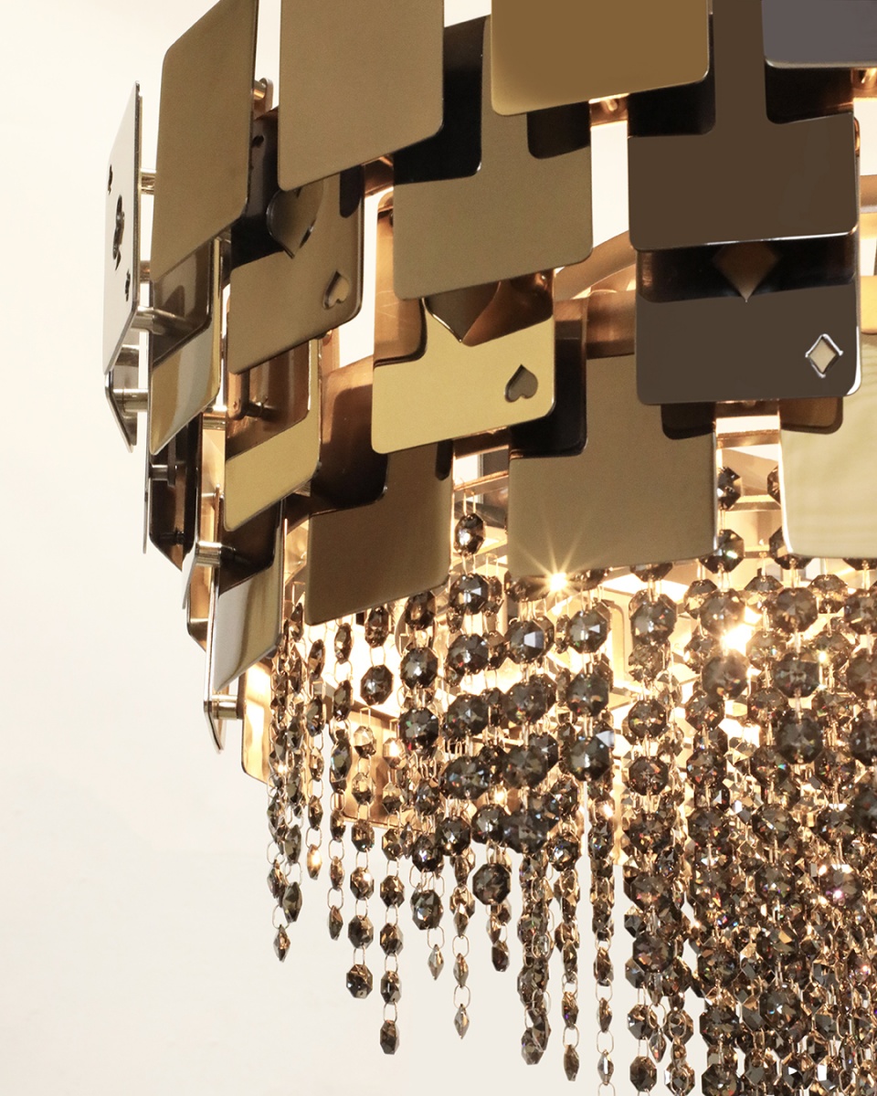 Mondrian suspension bespoke, brass pieces with print of card symbols, brass and crystals