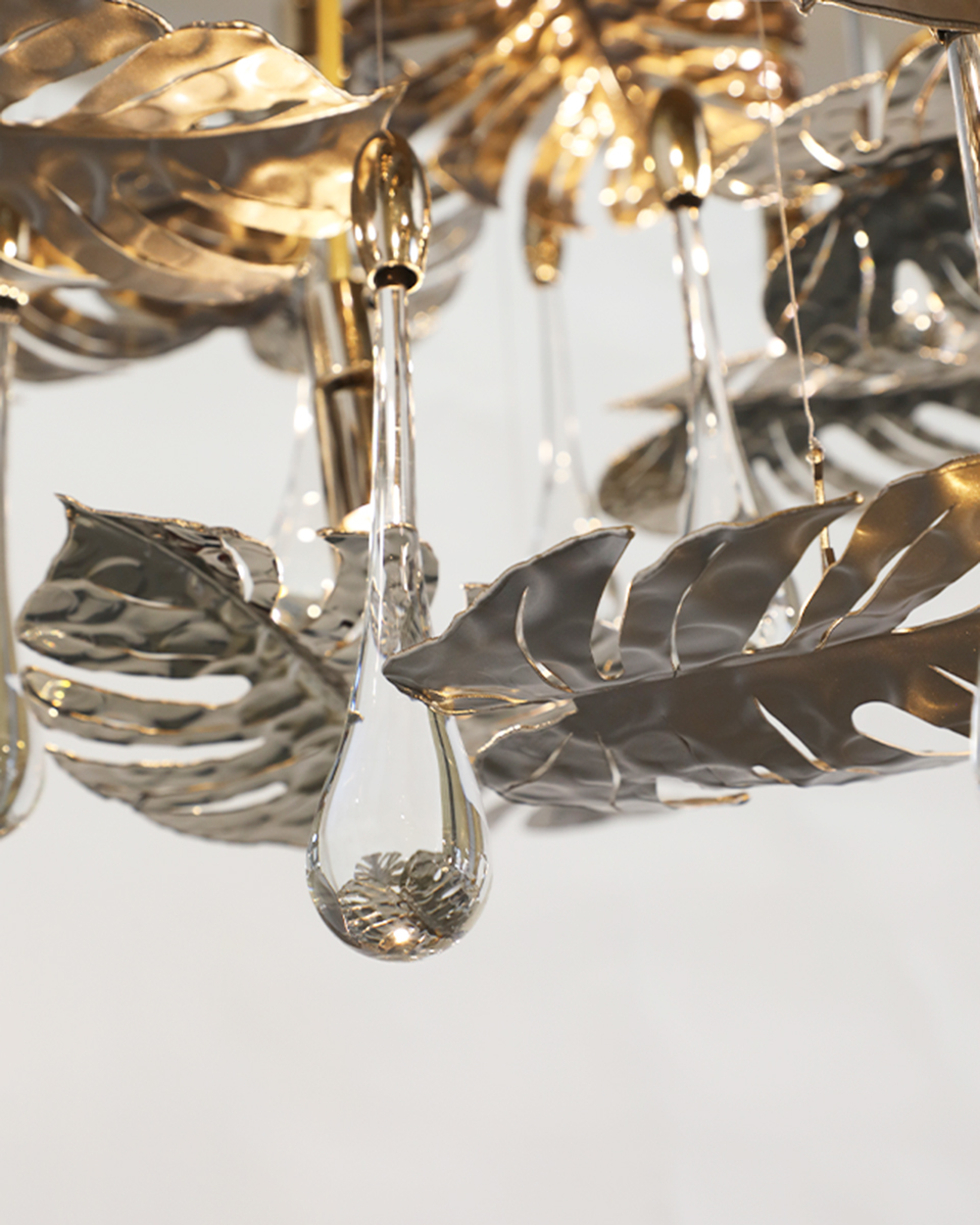 Rainforest suspension with nickel and gold brass leaves, glass drops, chandelier, lighting fixture