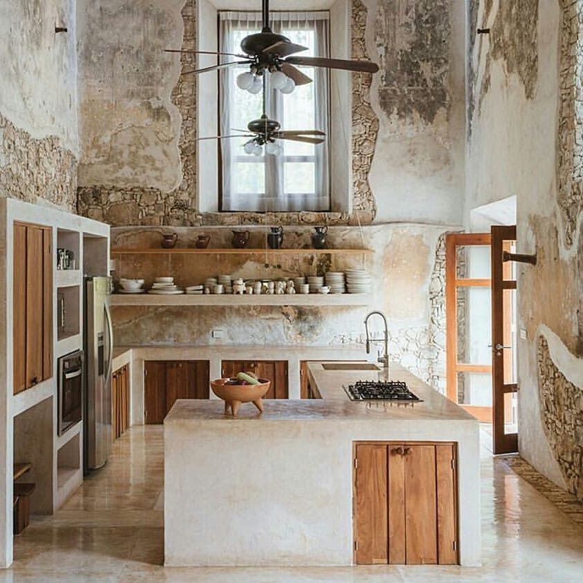 Wabi sabi interior design decor natural rustic organic imperfect wood brick kitchen
