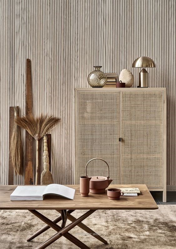 Wabi sabi interior design decor natural rustic organic imperfect materials wood straw