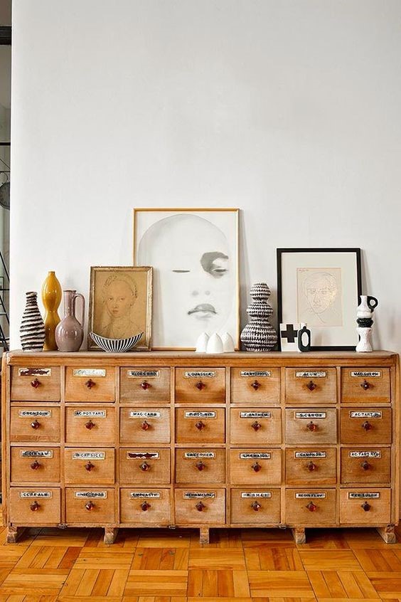 Wabi sabi interior design decor natural rustic organic imperfect wood vintage antique furniture cabinet apothecary