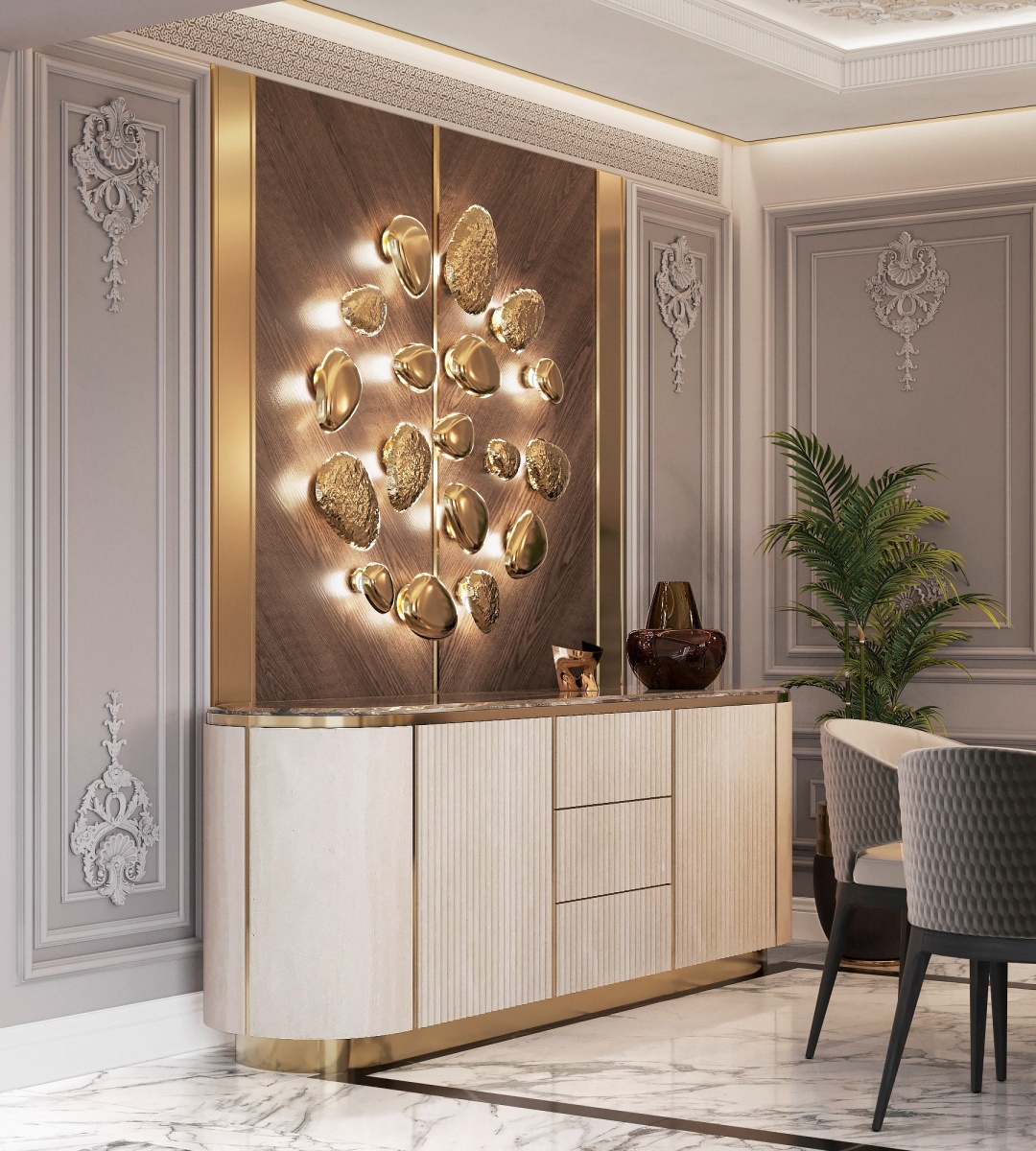 Mastery Wall Light by Castro Lighting illuminating the elegant dining room in a Nicosia villa