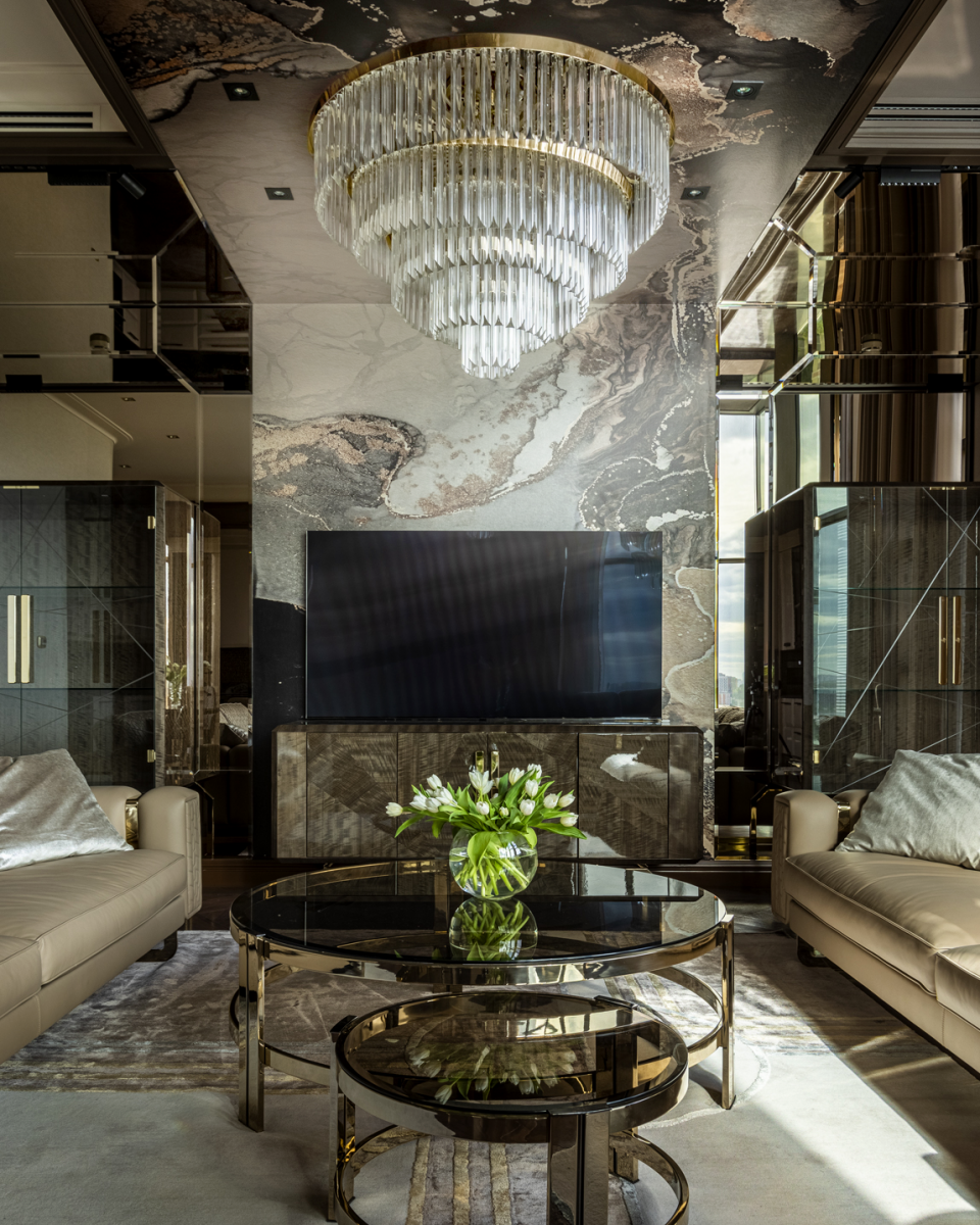 Avant Garde Interiors Featuring Marina Putilovskaya Royal Suspension Luxurious Living Room Area 